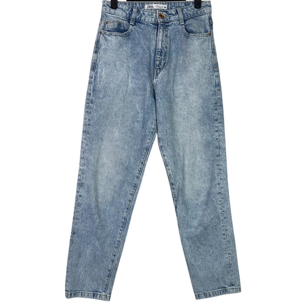 Zara Straight Wide Leg High Rise Ankle Crop Casual Denim Jean Stretch 4 Blue